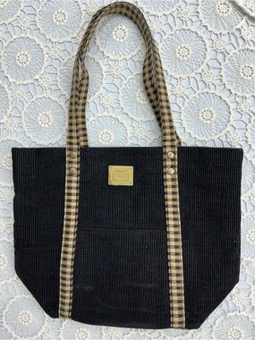 Longaberger Black Corduroy Homestead Tote with Tan Checkered Straps